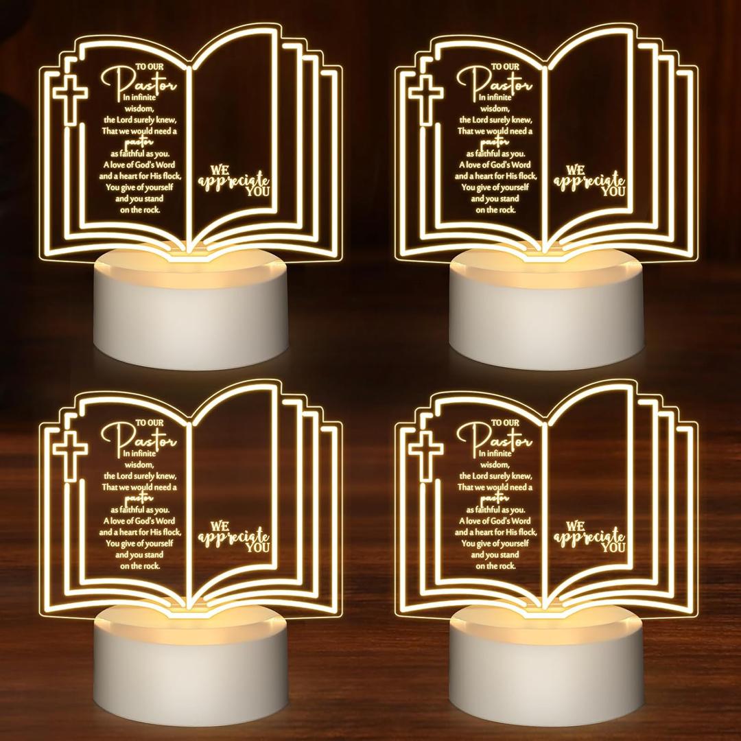 Kosiz 4 Pcs Pastor Appreciation Gifts Bulk LED Night Light Pastors Gift for Men Women Acrylic Clergy Lamp with Base Bible Verse Gifts for Birthday Anniversary (Classic Pastor)