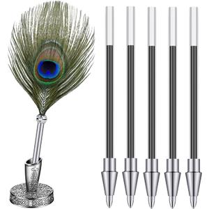 Gersoniel Feather Ballpoint Pen and Vintage Metal Pen Holder Black Ink Vintage Feather Quill with 5 Pieces Refill Wedding Signature for School Office Wedding Birthday Party Favor(Vivid Style,Green)