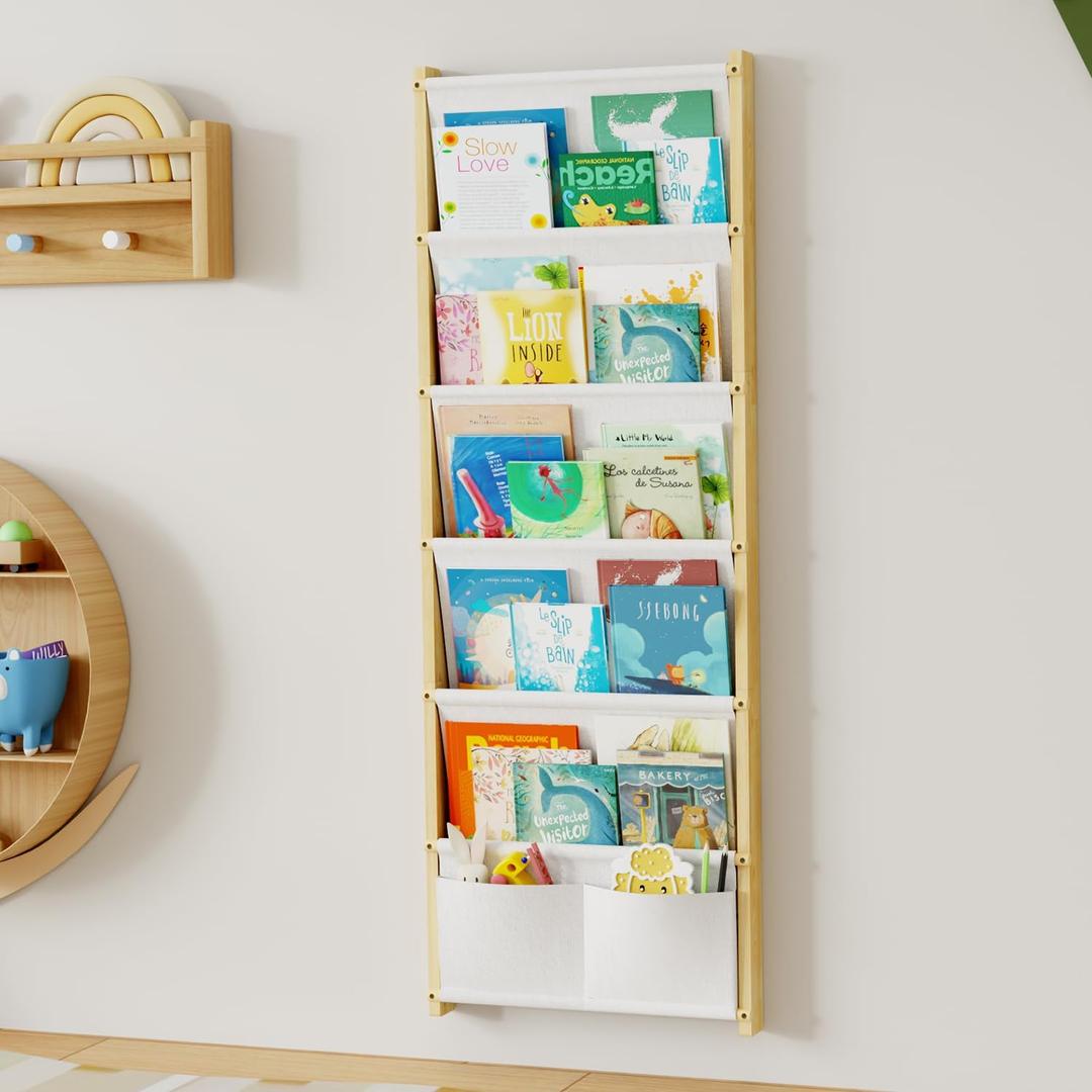 Wood 6-Tier Wall Mounted Kids Bookshelf Floating Book Shelf For Kids Rooms,Nursery & Classroom, Hanging Bookcase Organizer For Books, Toddler Book Shelf, Montessori Bookshelf, Nursery Shelves