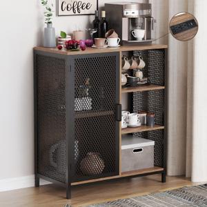 Redlife Coffee Bar Cabinet, Farmhouse Home Liquor with LED, Industrial Bar Cabinet for Liquor, Small Buffet Cabinet with Shelves & Door, for Hallway, Kitchen, Livingroom