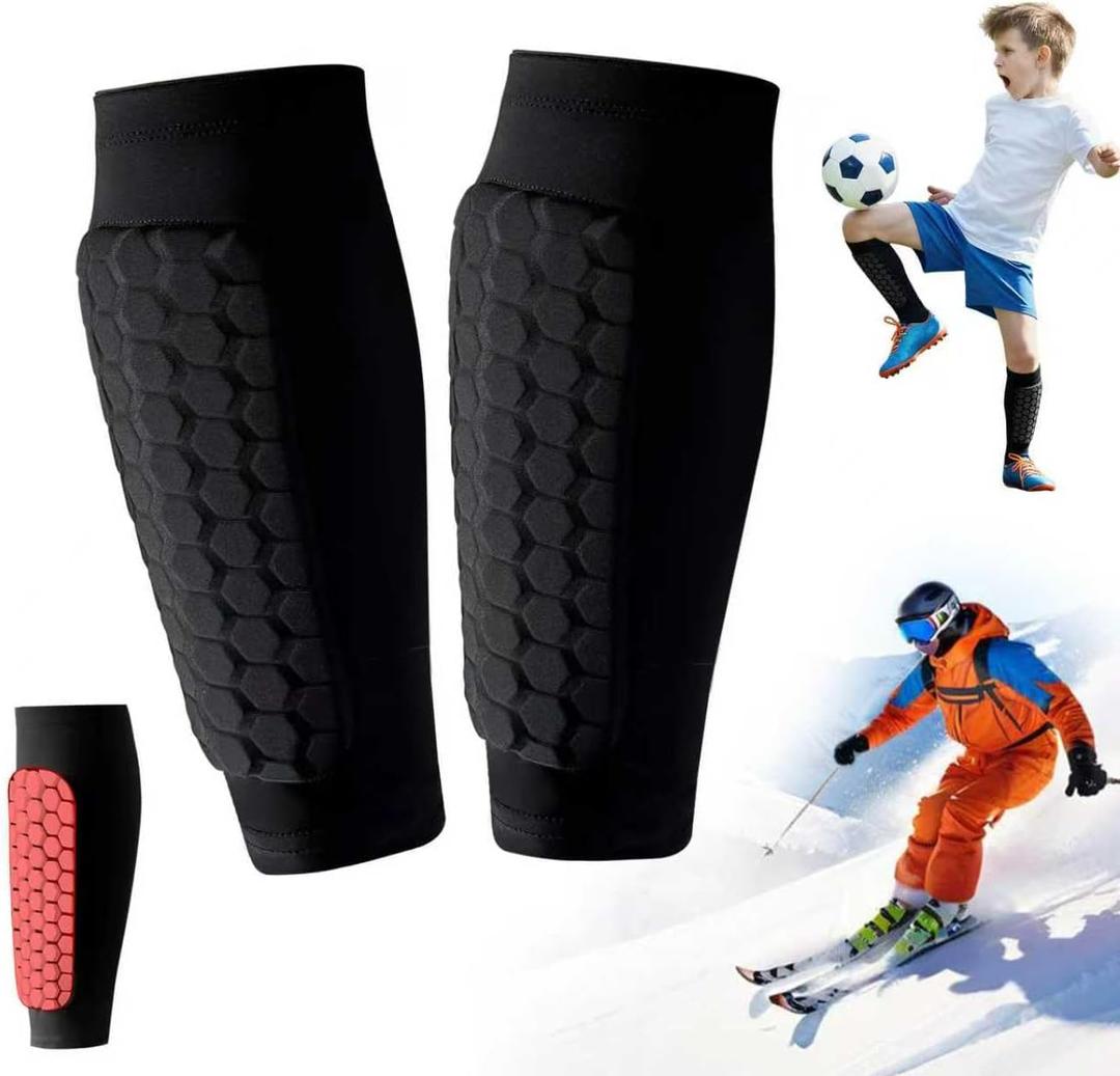 Soccer Shin Guards Ski Guards Gel Pads Shin Defender Shin Guards for Kids Youth Adult, Calf Compression Sleeve with Honeycomb Pads for Football & Skiing (Large, Black)