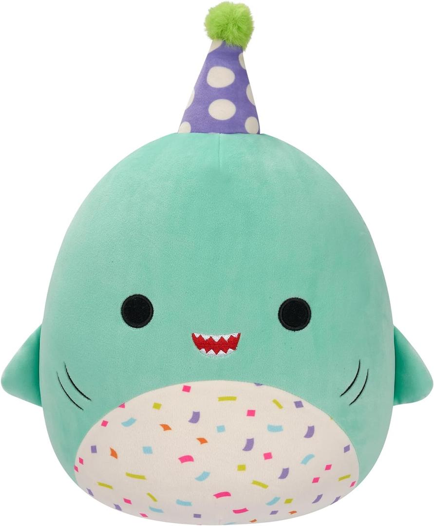 Squishmallows Original 12-Inch Sharon The Teal Shark with Party Hat + Confetti Belly - Official Jazwares Happy Birthday Plush (Medium-Sized)