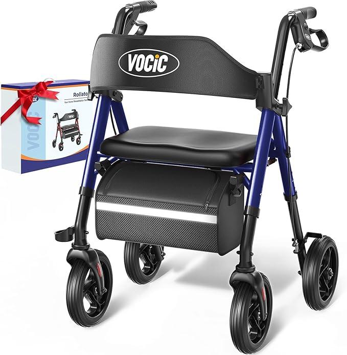 VOCIC Walkers for Seniors, Z21 Rollator Walker with Seat Supports 350lb, 8" Big Wheels for All Terrain, Ergonomic Arc Seat & 6" Ultra Backrest Foldable Walker, Dual Height Adjustment, Lightweight 2025