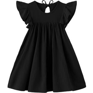 Ncycullo Toddler Girls Ruffle Sleeve Cotton Linen Dress Sleeveless Baby Girl Back Ties Dress Kids Casual Sundress, Black, 2T