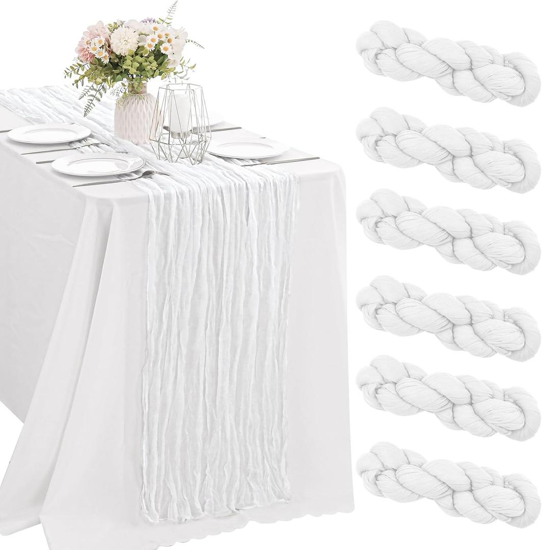 6 Pieces White 10FT Cheesecloth Table Runner Boho Gauze Fabric Table Runner Rustic Sheer Runner for Wedding Birthday Baby Shower Party Boho Table DecorationWhite