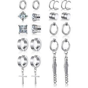 Hicarer 9 Pairs Magnetic Stud Earrings Non Pierced Silver Stainless Steel Feather Dangle Earrings for Women and Men