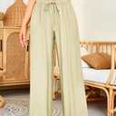GUOLEZEEV Women Wide Leg Flowy Linen Pants Loose Drawstring Casual Pants Beach Vacation Trouser (Beige, XL)