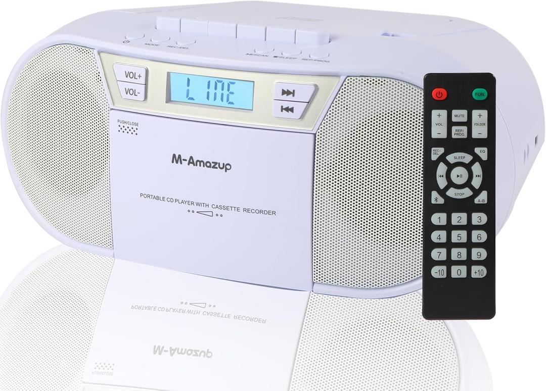 Boombox CD Player Portable, Cassette Player Combo with CD MP3 Bluetooth AUX TF USB FM Radio AC/DC Powered, Boom Box with Remote Control, Headphone Jack, Stereo Sound for Home,Kids,Gift (White)