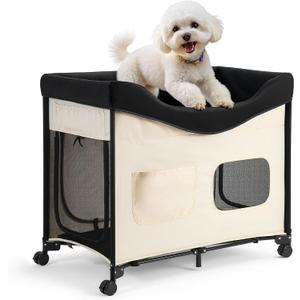 VEVOR Bedside Lounge Pet Bed, Foldable Bunk Dog Bed with 600D Oxford Cloth and Dutch Velvet, Portable Raised Cot with Wheels, Side Storage Bags, and Carry Bag for Cats & Dogs, XL, Beige