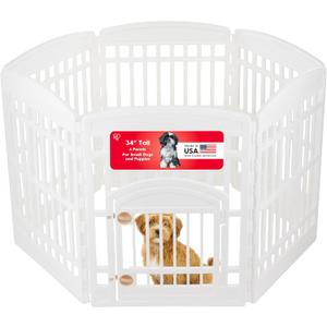 IRIS USA Dog Playpen with Door, 34 6 Panel Pet Exercise Pen Indoor Outdoor Puppy Play Pen, Portable Plastic Pet Fence for Small Medium Dogs, Foldable 44 x 63 x 34, White
