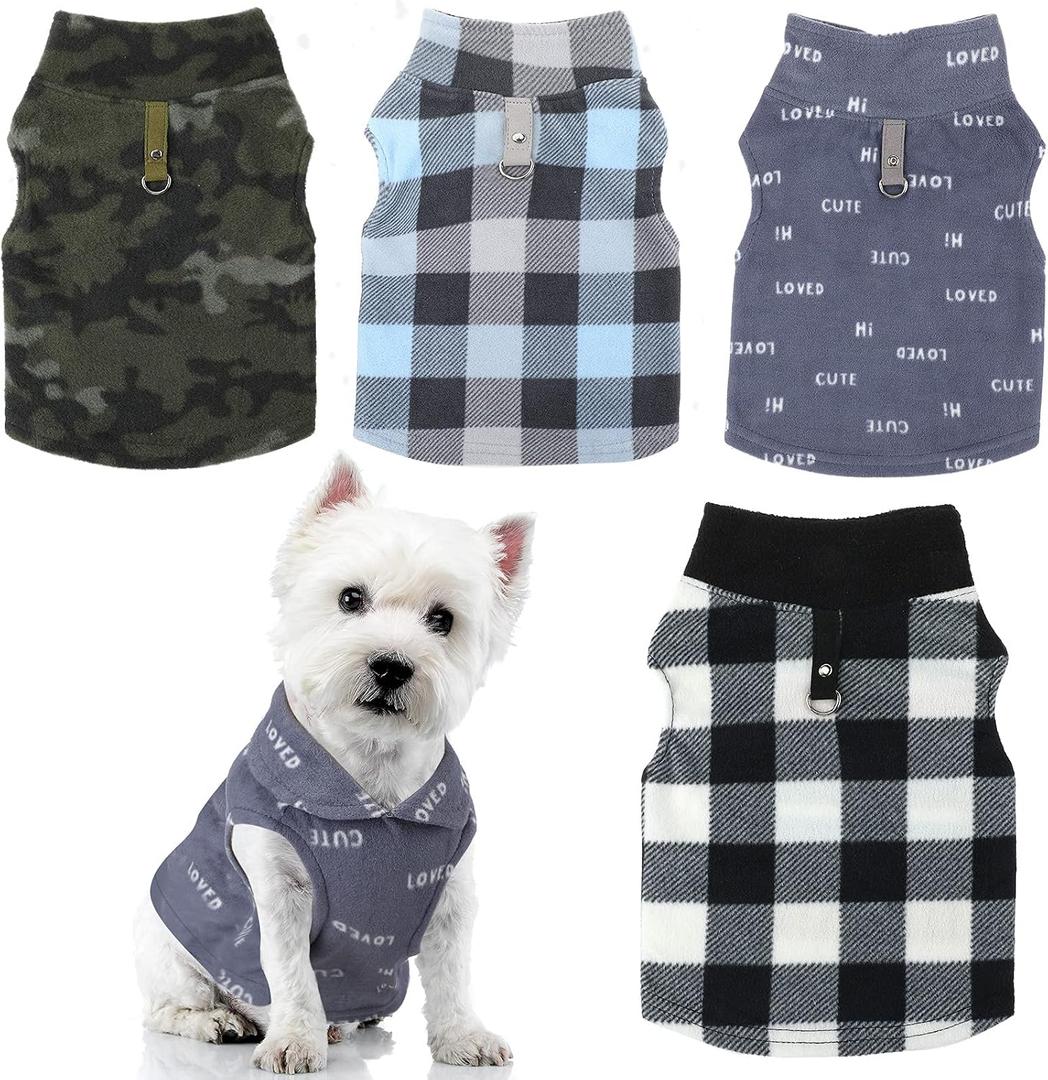 4 Pieces Winter Fabric Dog Sweater with Leash Ring Soft Fleece Vest Dog Clothes Plaid Camouflage Warm Puppy Jacket Pullover Clothes for  Cat Puppy Chihuahua(M)
