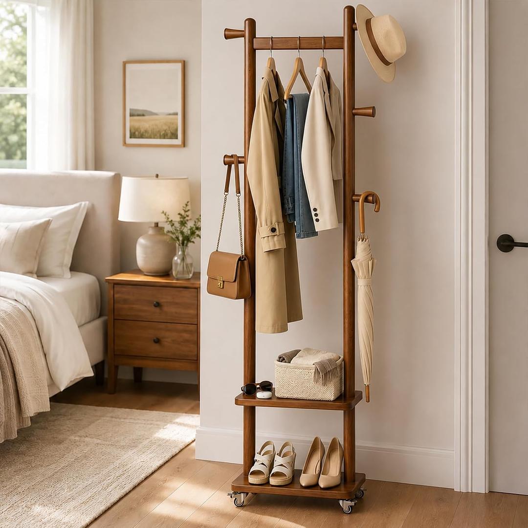 Small Clothes Rack Solid Wood Coat Rack Freestanding with Wheels
