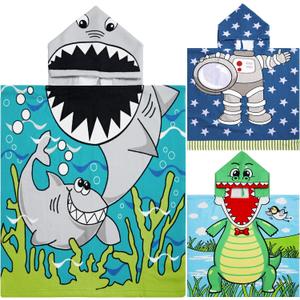 Chumia 3 Pack Kids Hooded Beach Poncho Towels Toddler Swim Pool Bath Towels with Hood Thicker Cotton Absorbent Cover up for Boys Girls Baby(47 x 24 Inch,Shark, Astronaut)