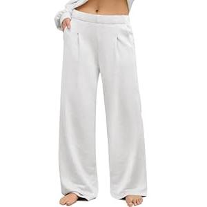 HeSaYep Women's Wide Leg Sweatpants Baggy Straight Leg Sweat Pants Elastic High Waisted Loose Pants with Pockets, White S