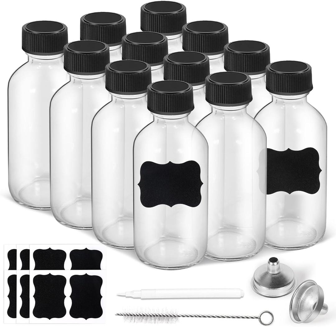 2oz Small Clear Glass Bottles with Lids, 2 Stainless Steel Funnel, 12 Labels, 1 Chalk Marker, 1 Brush - Reusable Boston Bottle for Juice, Ginger Shot, Wellness, Oils, Liquids, Leakproof Travel Bottle