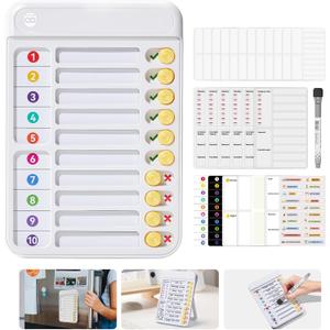 Magnetic Chore Chart for Kids, ADHD Tools for Kids to Do List Checklist Task Board Routine Chart Planning Board for Fridge with 10 Sliders and Magnetic Marker - White