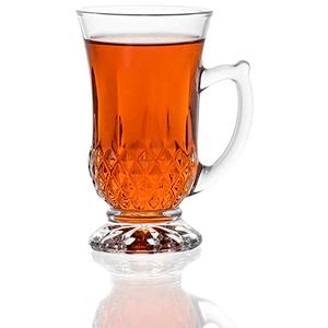 Diamant 6-Pack Classic Clear Cut Glass 4.5 Oz Footed Turkish Tea Cups with Handles, Etched Design
