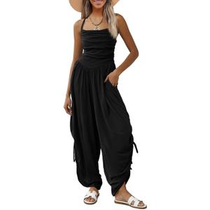 Fisoew Womens Casual Jumpsuits Summer Halter Straps Sleeveless Overalls Ruched Barrel Wide Leg Side-Cinch Long Pant Rompers, Large, Black