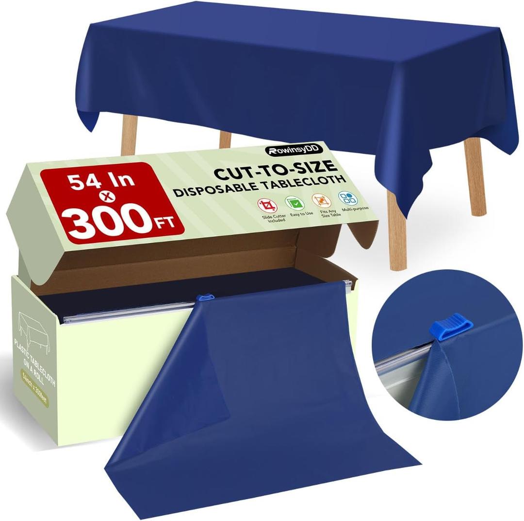 54 in X 300 FT Blue Plastic Table Cover Roll with Slide Cutter, Cuts Up to 36 Rectangle 8 Feet Disposable Plastic Table Cloths, Disposable Table Cover Roll for Dinning, Parties, BBQ, Wedding, Outdoor, 3600" x 54"