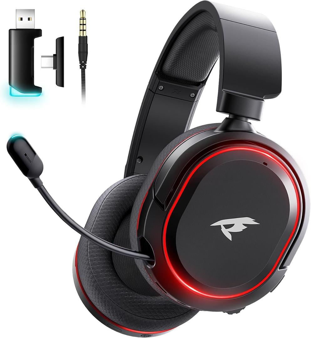 Picun G2 Wireless Gaming Headset, Over-Ear 7.1 Virtual Surround Sound, 2.4GHz/Bluetooth 5.4/Wired, 5ms Ultra-Low Latency, 100H Battery, ENC Noise-Canceling Mic, RGB, for PC PS5 PS4 Switch (BlackRed)