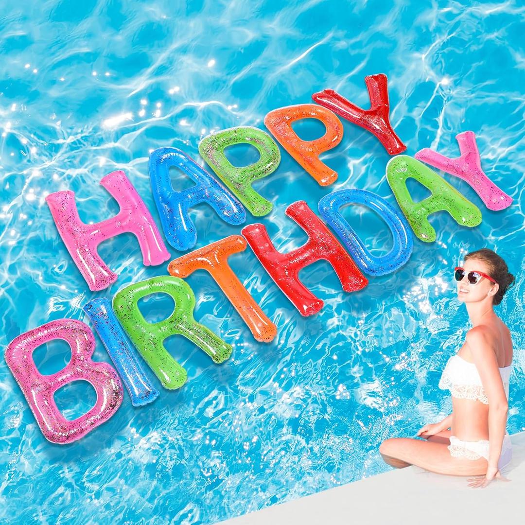 Shappy 20'' Happy Birthday Pool Large Floating Letter Balloons with Adhesive Dots Inflatable Pool Decorations for Summer Birthday Party (Multicolor)