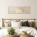 Burbell Horizontal Sun Wall Art, Boho Wooden Room Decor, 35"x12" Wood Color, 35.4"L x 11.4"W