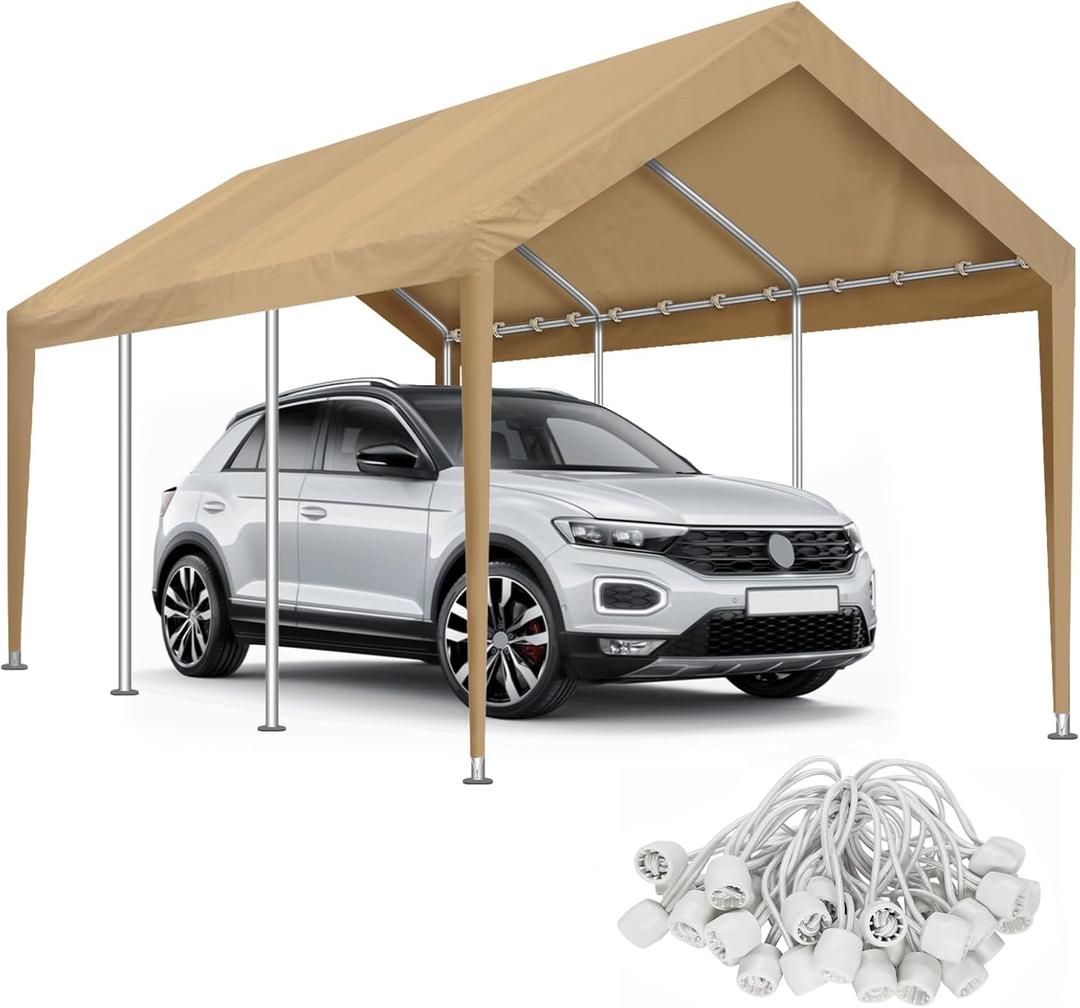 Carport Canopy 10'x20' Replacement Cover, Waterproof & UV Protected Garage Top Tarp Shelter Cover with Ball Bungee Cords, Car Cover Tent (Frame is not Included) (Beige)