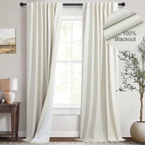 Cream Linen Boho Blackout Curtains 90 Inches Long Length 2 Panel Set Sliding Glass Door Sun Heat Blocking Curtain for Bedroom Living Room Darkening Insulating Drape Country Style Farmhouse Cottagecore (Natural)