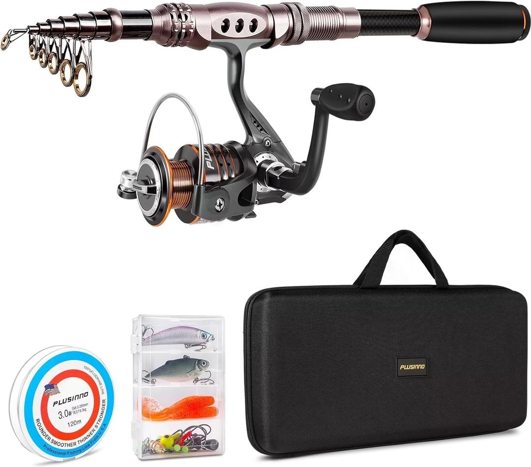 PLUSINNO Fishing Rod and Reel Combos Carbon Fiber Telescopic Fishing Pole with Reel Combo Sea Saltwater Freshwater Kit Fishing Rod Kit (1.8M 5.91FT, Full Kit with Carrier Case)