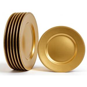 6 Pcs Elegant Plastic Beaded Charger Plates - Round Gold Silver Black Wedding Party Dinner Decorative Plate Set, Durable for Halloween Christmas Birthday Decor