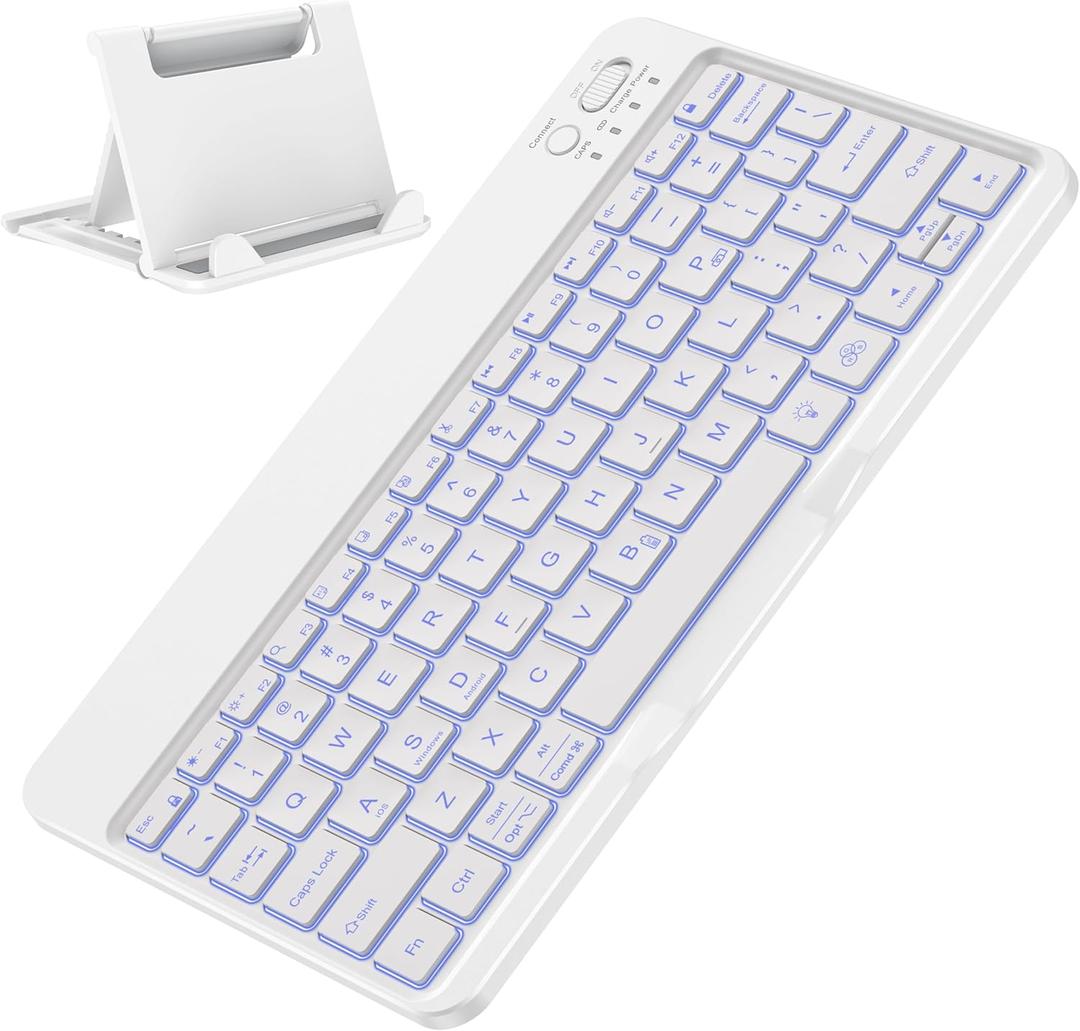 OMOTON Bluetooth Keyboard for Tablet/Android/Windows/iOS, with 7 Colors Backlight Rechargeable Wireless Keyboard Compatible with Galaxy Tab A9+/A9+ Plus/S9/S9 Plus/S9 FE, White