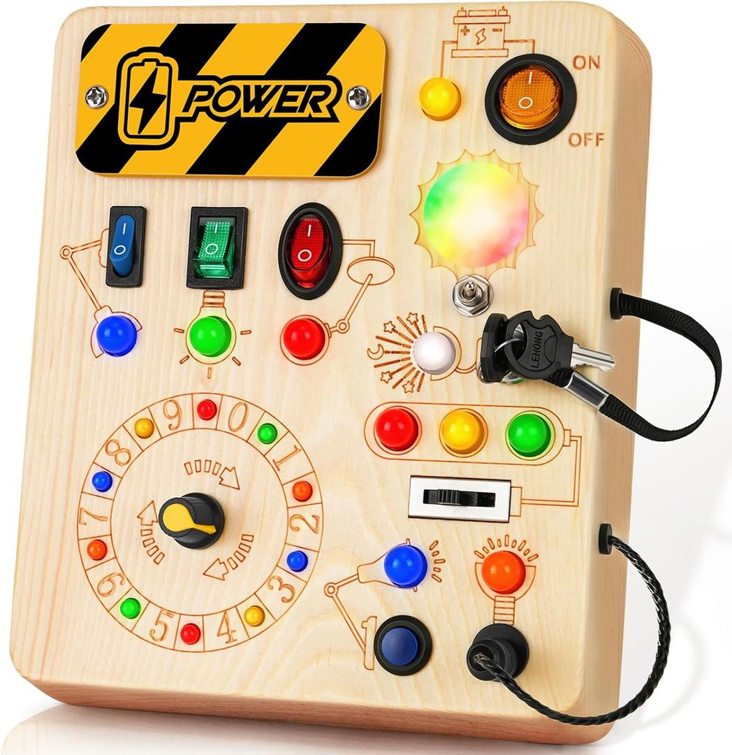 Busy Board, Montessori Toys for 1+ Year Old, Busy Board with 13 Led Light, Wooden Toddler Educational Travel Toy, 1 Year Old Boy&Girl Gifts