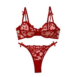 Lilosy Sexy Cute Underwire Push Up Strappy Heart Embroidered Mesh Sheer Lingerie Set for Women Bachelorette See Through Bra and Panty 2 Piece Bow Red Large