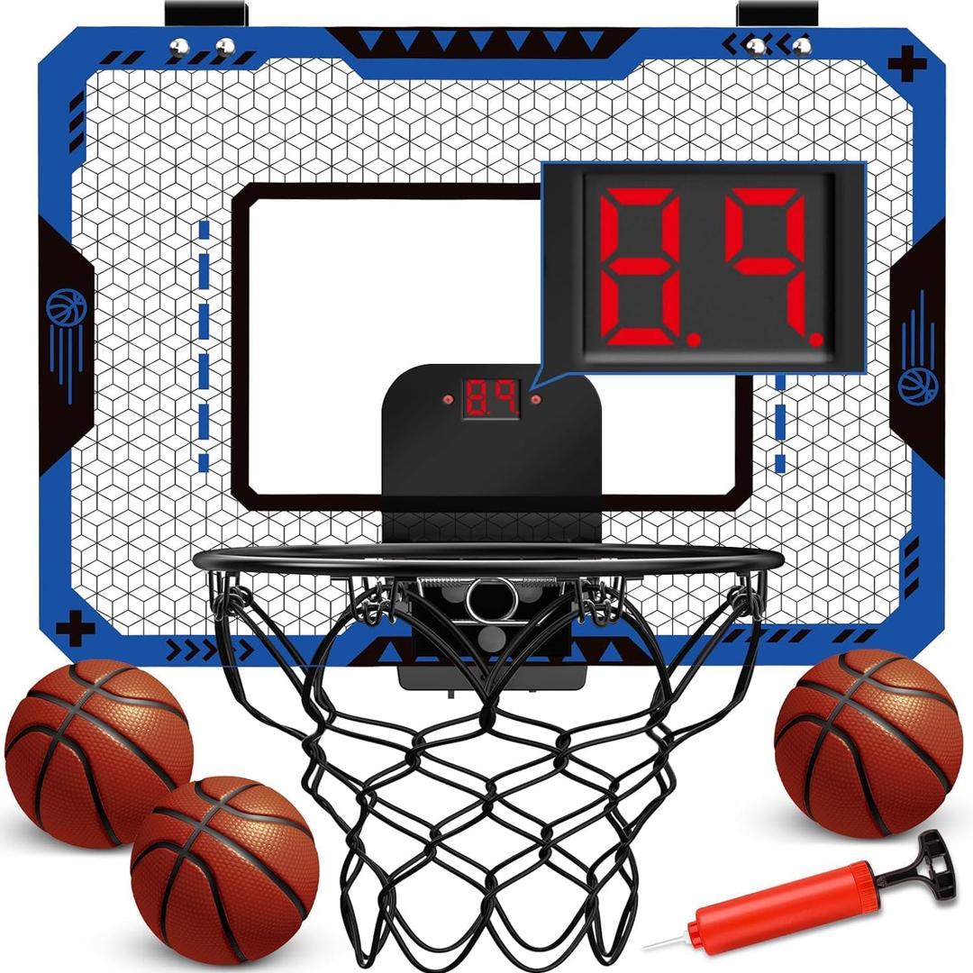 OCHIDO Indoor Basketball Hoop for Kids Age 5-10, with Electronic Scoreboard & 3 Balls - Over The Door Mini Hoop for Boys' Birthday