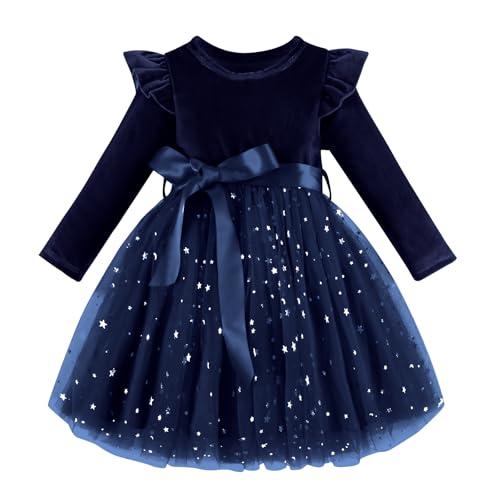 Dalukit Toddler Baby Girl Velvet Christmas Dress for Girls Long Sleeve Velvet Sequin Tutu Winter Party Holiday Dress Blue 90