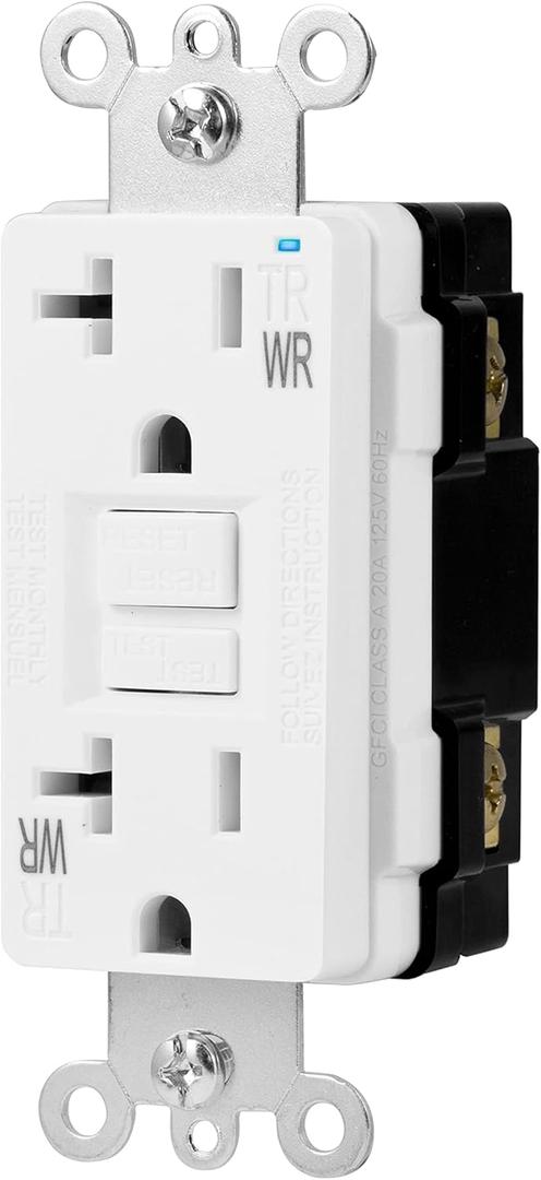 Amazon Basics Weather-Resistant Tamper-Resistant GFCI Receptacle with LED Indicator, Self-Test Feature, Ground Fault Circuit Interrupter for Indoor or Outdoor Use, 20 Amp, White