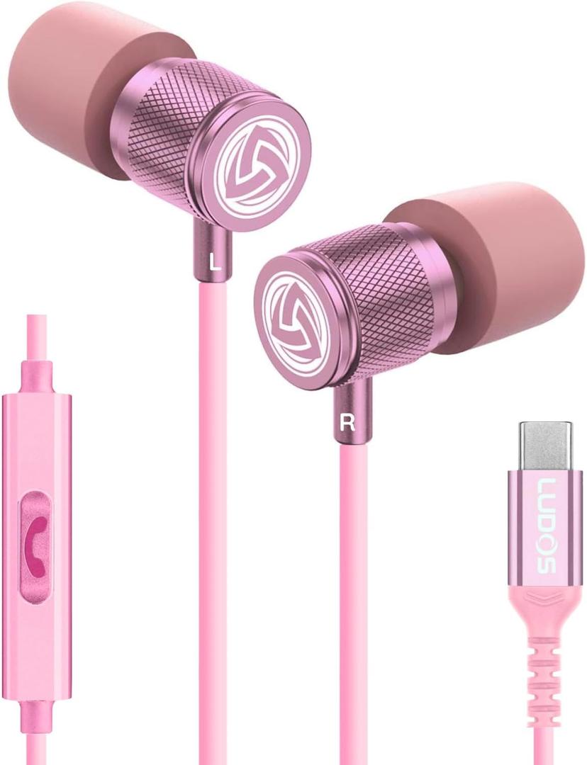 LUDOS Ultra USB C Headphones for iPhone 16 15 Pro Max Plus iPad Pro, Magnetic USB-C Earbuds for Samsung Galaxy S24 S23 Ultra S22 S21 FE S20 A55 A54 A53, USB Type C Earphones - Pink