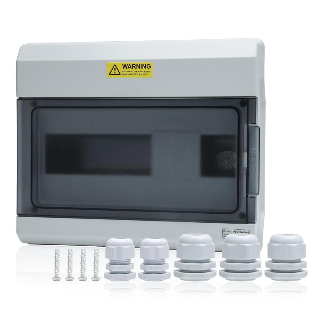 12 Way Distribution Protection Box,ABS/PC Alloy Plastic Transparent Cover Circuit Breaker Box IP66 Waterproof Distribution Box with DIN Rail and Waterproof Connector, White, 12WAY-BOX