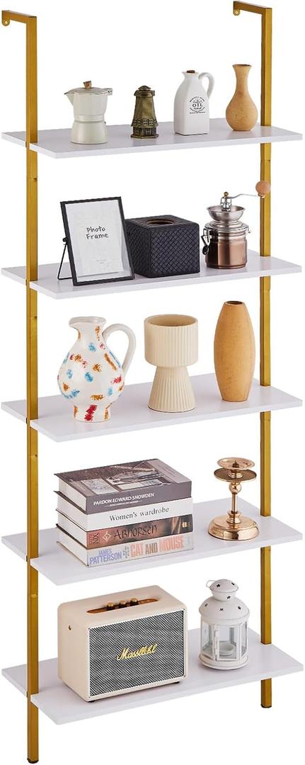 VEVOR Ladder Shelf, 5-Tier Bookshelf 24x11.8in, Open Wall-Mounted Ladder Shelf with Metal Frame,Storage Rack Sundries Holder for Kitchen Bedroom Bathroom Living Room, Gold White