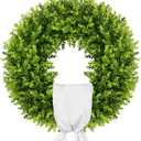 Vlorart 20" Boxwood Wreath for Front Door with Sash & Plaid Bow, Full Lush Artificial Greenery Wreath for Spring Summer Farmhouse Wall, Window & Wedding Decor