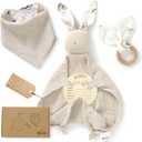 LUCOI Organic Cotton Newborn Baby Gift Set - Muslin Baby Lovey Comforter, Baby Bandana Drool Bib, Wooden Baby Teether & Baby Milestone Card - Gender Neutral Baby Shower Gifts, Baby Welcome Box