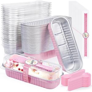 30pcs Mini Loaf Pans with Lids and Spoons Aluminum Foil, ZOXILEN Disposable 6.8oz/200ml Rectangle Cake Pans with Lids, Small Foil Cake Tins Bread Pan for Picnics Christmas Halloween Party Pink