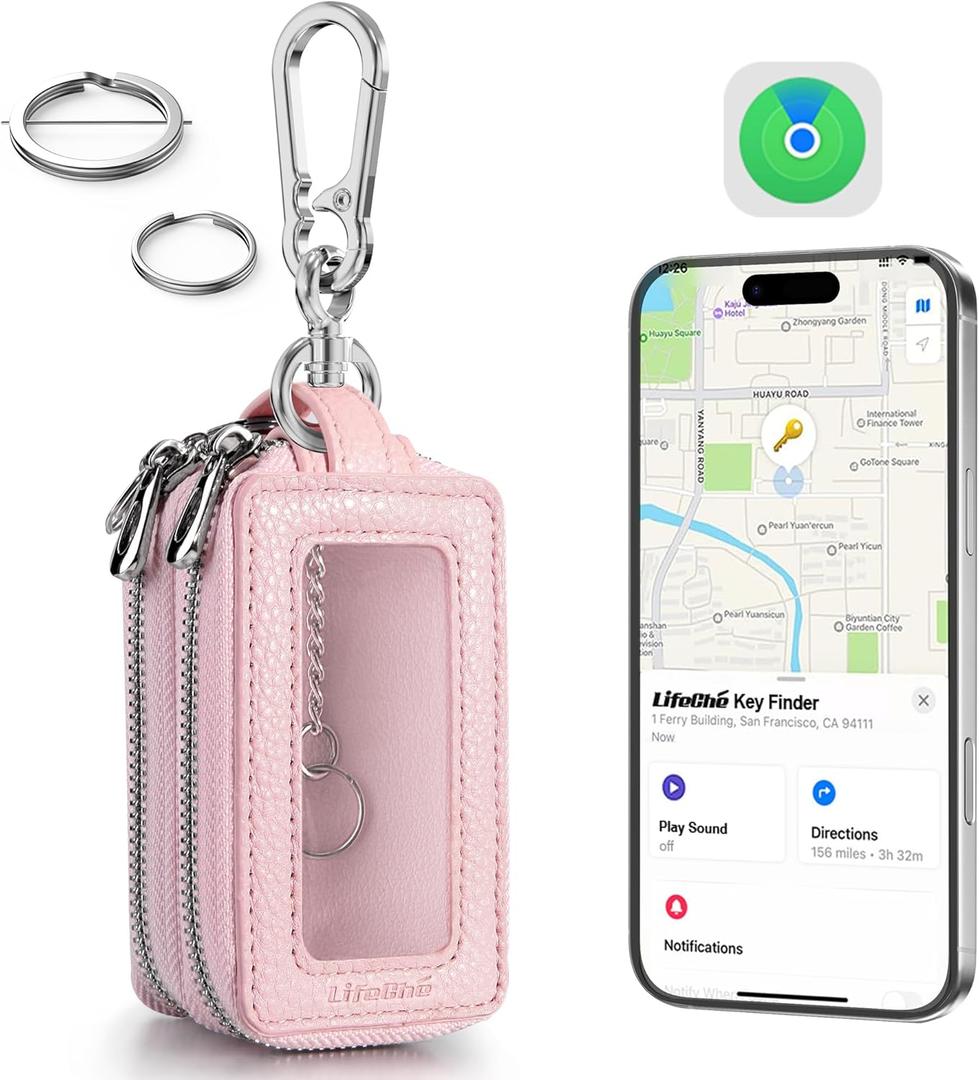 Keychain, Key Finder Built-in Anti-Loss Tracker, Heavy Duty Key Holder, Premium Stainless Steel Keychain Carabiner Car Key Chains with GPS Global Locator Tracking Waterproof (Pink)