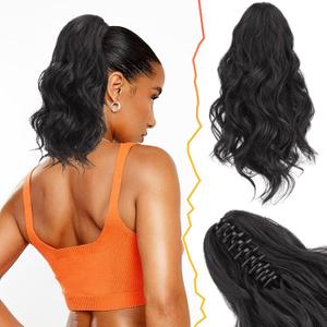 BARSDAR Claw Clip in Ponytail Extensions - 14 Inch Short Wavy Black Ponytail Hair Extensions for Women - Synthetic Claw Clip in Pony Tails Hairpieces Fake Pony Tails - Natural Black