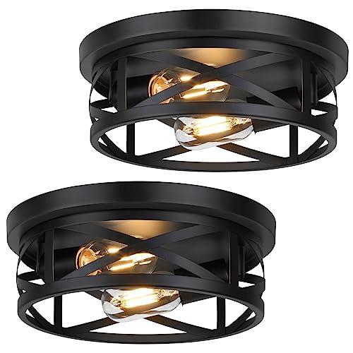 Bosceos 2-Light Flush Mount Ceiling Light Fixtures, 2-Pack Farmhouse Black Ceiling Lights, Industrial Metal Cage Light Fixtures with Adjustable Head for Bedroom Hallway Kitchen