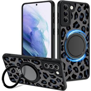 Fiyart Designed for Samsung Galaxy S21 Plus Case Leopard Ring Holder Kickstand Magnetic Bumper Compatible with MagSafe Camera Lens Protection for Women Men Cheetah Print S21+ 6.7"-Black