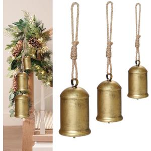 Set of 3 Christmas Bells for Decoration, 8in-6in-4in Cow Bells with Jute Hanging Rope, Metal Vintage Hanging Bells for Christmas Decor Wreath Garland Tree Doors Windows Rustic Home