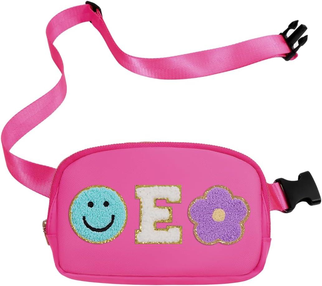 Fanny Pack For Girls Pink Kid Crossbody Bag Chenille E Letter Preppy Belt Bag, Christmas Birthday Graduation Gifts For Girl Teen Daughter Sister, Personalized Nylon Fanny Packs
