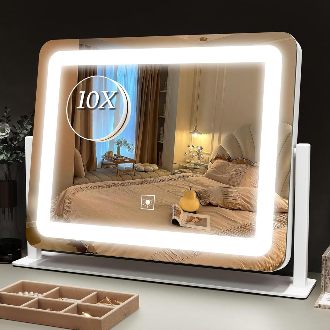 ROLOVE Vanity Mirror with Lights 15"x12", Lighted Makeup Mirror with 10X Magnification, 3 Color Lighting & Dimmable Brightness, Light Up Mirror for Desk, Bedroom, Bathroom (White)