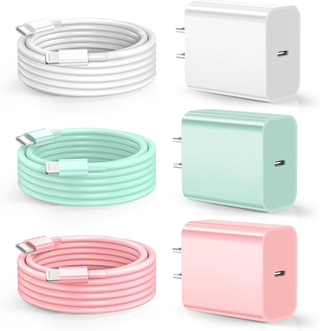 Dayaoncy for Phone Charger Fast Charging, Upgarded 20W USB C Wall Charger with 3Pack 10FT USB C to Lightning Cable, Phone Cable Fast Charging Compatible withi Phone 14/13/12/12 Pro Max/11/Xs Max/XR (White Pink Lightgreen)